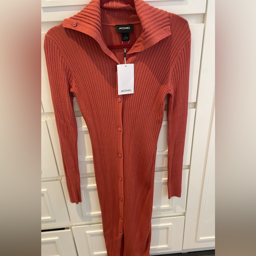 Monki Brown Ribbed Bodycon Dress Long Sleeve